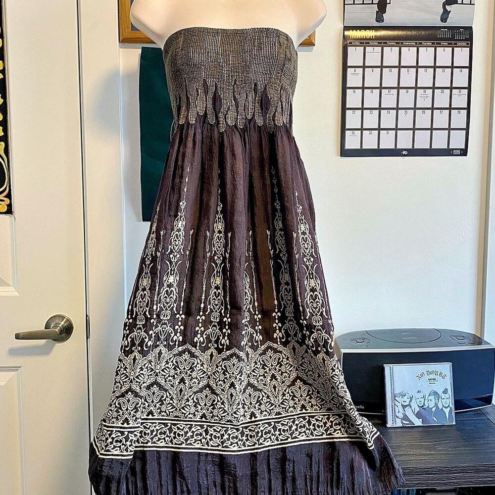 Brown strapless maxi dress with